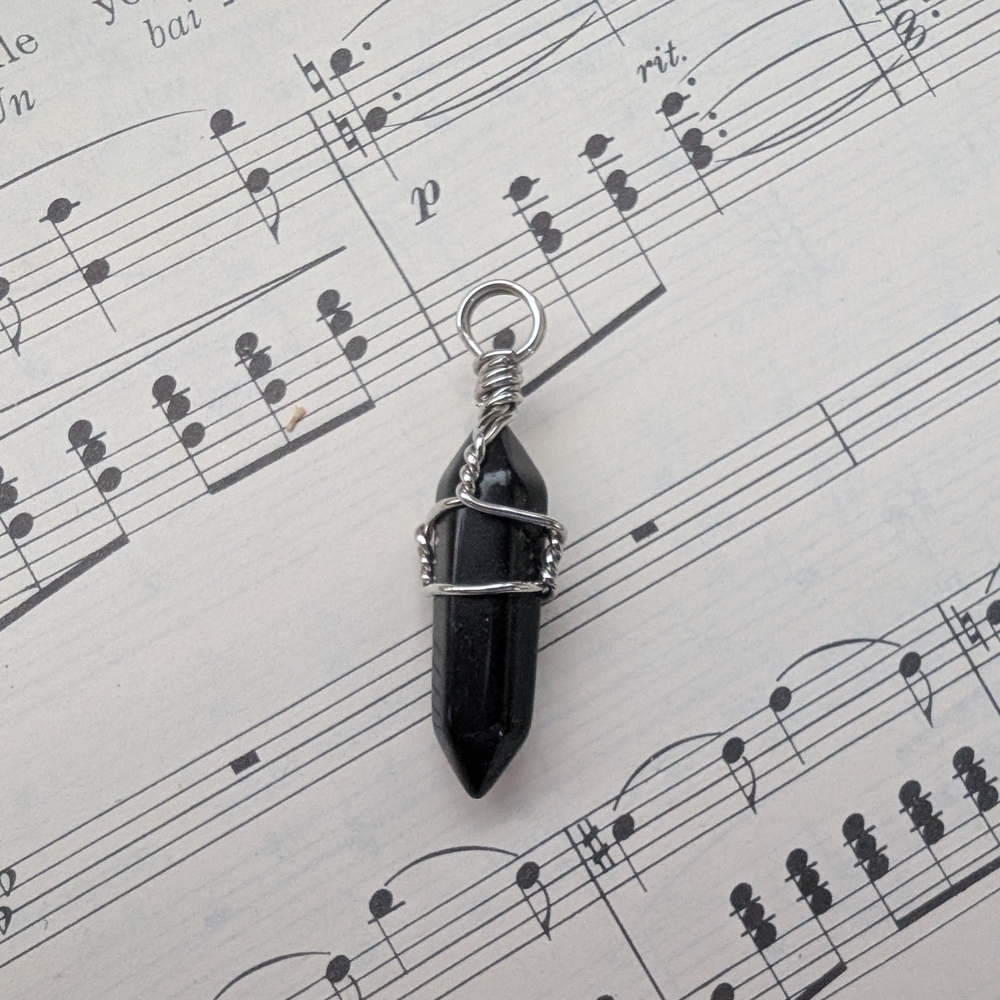 Black Crystal Point Pendant with Silver Wire Wrap
